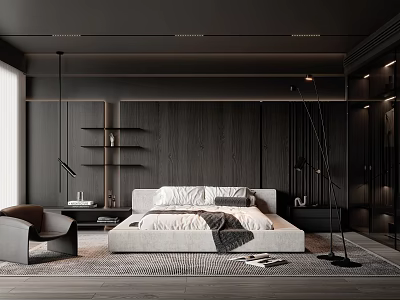 Modern Bedroom Interior With Wooden Wall King Size Bed Floor Lamp And Accent Chair 3d model