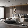 Modern Bedroom Interior With Dark Headboard Black Ottoman And Large Window Curtains