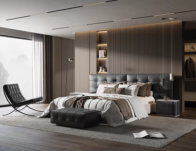 Modern Bedroom Interior With Dark Headboard Black Ottoman And Large Window Curtains 3d model