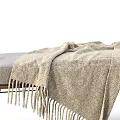 Wooden Frame Ottoman With Beige Fringed Knit Blanket And Light Gray Cushion