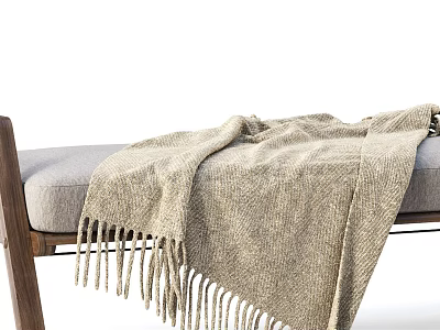 Wooden Frame Ottoman With Beige Fringed Knit Blanket And Light Gray Cushion 3d model