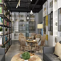 Warm Café Interior Design With Bookshelves Green Plants And Wooden Furniture