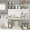 Neat Bathroom Accessories Display On Shelves With Decor 3d model