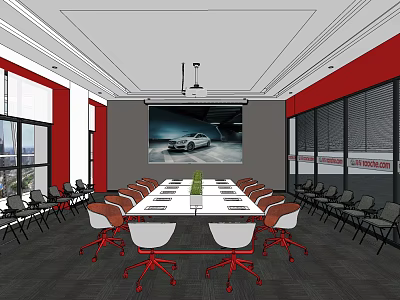 Conference Room With Long Table Orange White Chairs Large Screen Projector And City View Windows 3d model