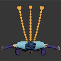 Animated Warrior Character In Blue Purple Outfit With Yellow Accents And Arms Outstretched