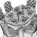 Round Dining Table Set with Chairs Tableware Wine Glasses and Fresh Apples 3d model
