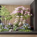Indoor Landscape With Pink Flowering Trees Blue Flowers Palm Plants And Rocks By Staircase