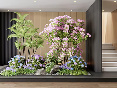 Indoor Landscape With Pink Flowering Trees Blue Flowers Palm Plants And Rocks By Staircase 3d model