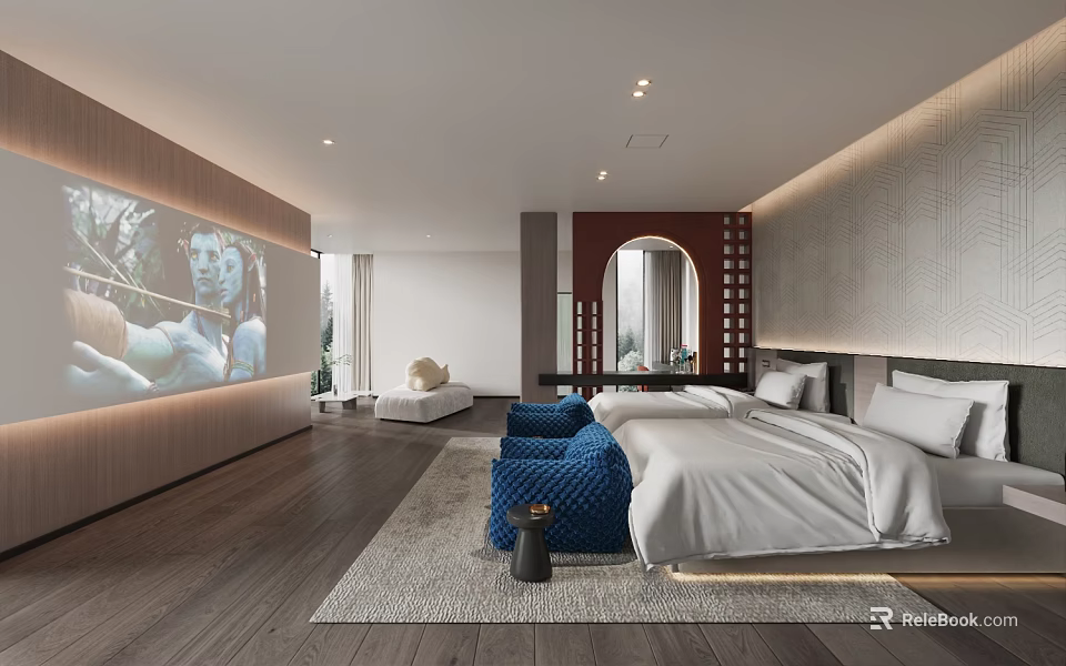 Modern Hotel Room Interior With Large Bed Blue Ottoman Wooden Floor Mirror And Wall Artwork 3d model 