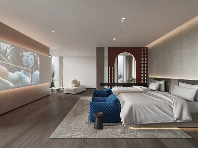 Modern Hotel Room Interior With Large Bed Blue Ottoman Wooden Floor Mirror And Wall Artwork 3d model
