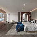 Modern Hotel Room Interior With Large Bed Blue Ottoman Wooden Floor Mirror And Wall Artwork