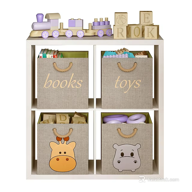 Children's Storage Cabinet With Fabric Bins Books Toys Animal Designs Wooden Alphabet Blocks Toy Train 3d model 