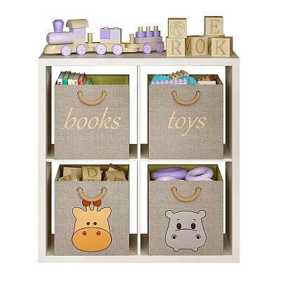Children's Storage Cabinet With Fabric Bins Books Toys Animal Designs Wooden Alphabet Blocks Toy Train 3d model