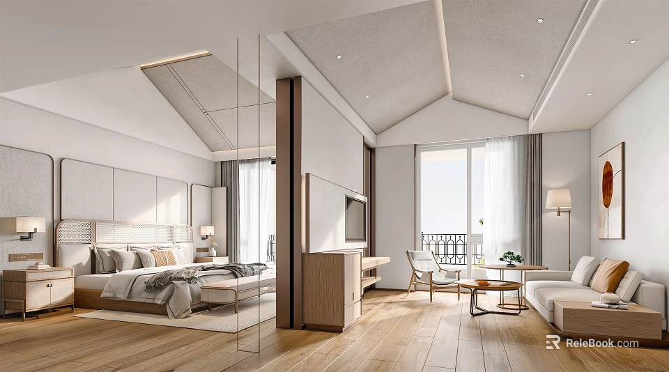 Modern Hotel Room Interior With Large Window Comfortable Bed Sofa And Wooden Floor 3d model 