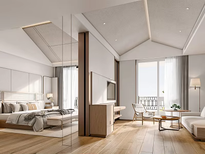 Modern Hotel Room Interior With Large Window Comfortable Bed Sofa And Wooden Floor 3d model