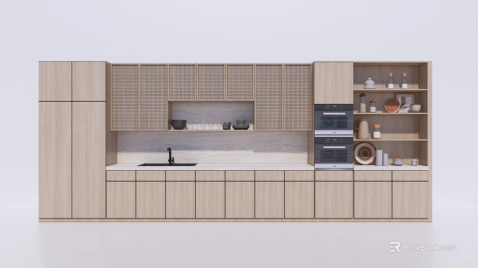 Modern Light Wood Kitchen Cabinets With Countertop And Open Shelves 3d model 