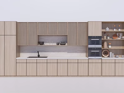 Modern Light Wood Kitchen Cabinets With Countertop And Open Shelves 3d model