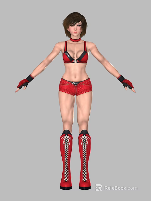 Woman wearing red bikini top shorts and lace-up red boots with black gloves arms outstretched 3d model 