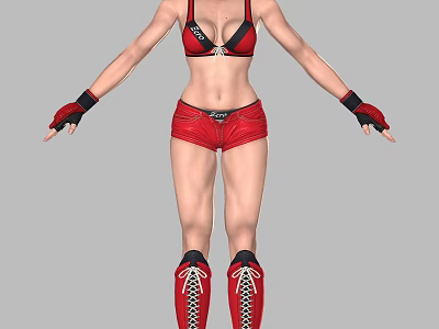 Woman wearing red bikini top shorts and lace-up red boots with black gloves arms outstretched 3d model