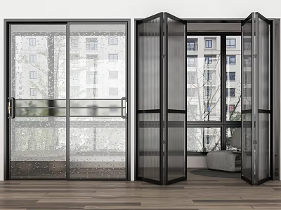 Modern Interior Sliding Doors With Black Frames Glass In Open And Closed States 3d model