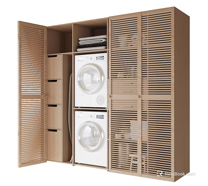 Modern Laundry Storage Cabinet With Louvered Doors Internal Shelves And Stacked Washing Machines 3d model 