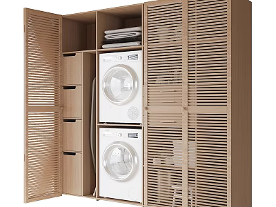 Modern Laundry Storage Cabinet With Louvered Doors Internal Shelves And Stacked Washing Machines 3d model