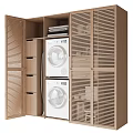 Modern Laundry Storage Cabinet With Louvered Doors Internal Shelves And Stacked Washing Machines