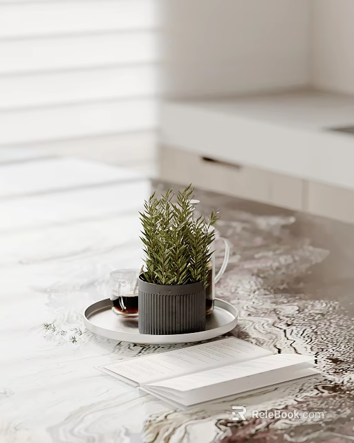 Decorative Ornament Set With Gray Flowerpot Green Plant Tray And Coffee Cup On Light Countertop 3d model 