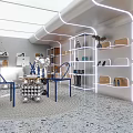 Modern Boutique Store Interior With Neon Lights Shelves Blue Chairs And Products On Round Rug