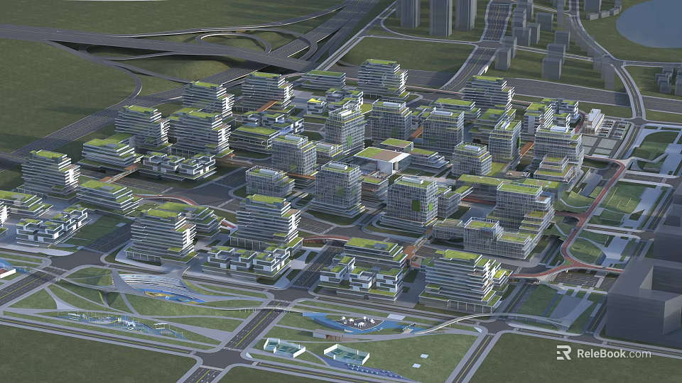 Modern Industrial Factory Complex With Green Roofs And Steel Structure Design 3d model 