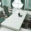 Elegant Office Interior With Green Walls Curtains Chandelier Marble Floor Desk Chairs And Green Sofas