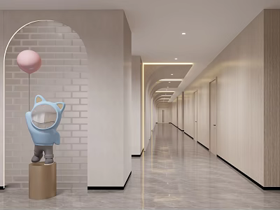Hotel Corridor Interior Featuring Arched Brick Wall Blue Cartoon Statue Pink Balloon And Sleek Lighting 3d model
