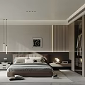 Elegant Modern Bedroom Interior With Gray Tones Wooden Elements And Round Mirror 3d model