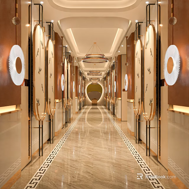 Luxurious Elevator Hallway With Marble Floor Gold Accents And Chandelier Lighting 3d model 