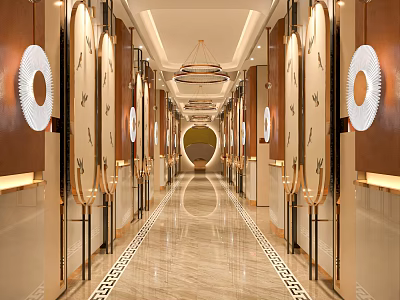 Luxurious Elevator Hallway With Marble Floor Gold Accents And Chandelier Lighting 3d model