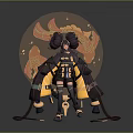 Anime Style Character With Twin Buns And Fiery Creature In Mechanical Armor Design