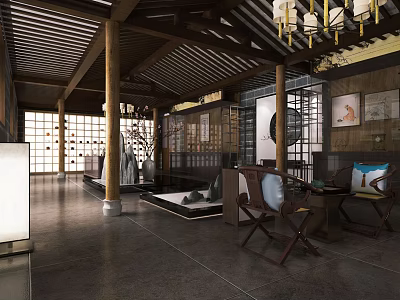 Traditional Tea House Interior With Wooden Beams Hanging Chinese Lanterns And Decorative Screens 3d model