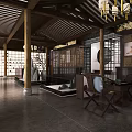 Traditional Tea House Interior With Wooden Beams Hanging Chinese Lanterns And Decorative Screens