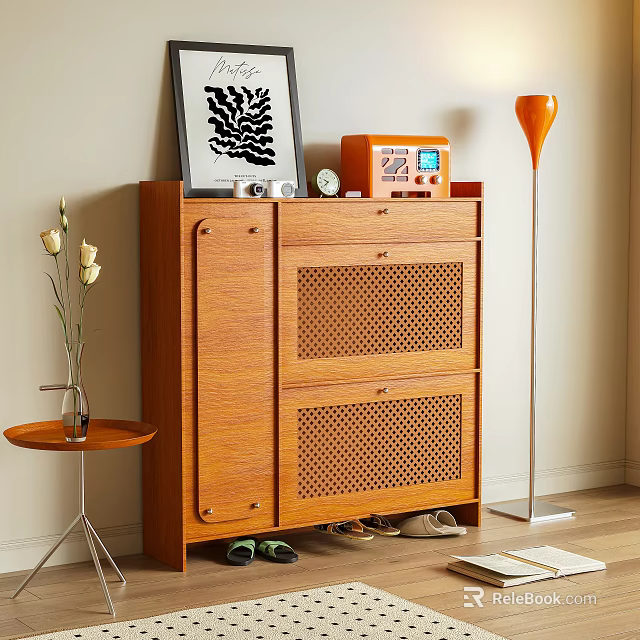 Cozy Wooden Shoe Cabinet With Lattice Doors Decorative Items And Shoes Inside 3d model 