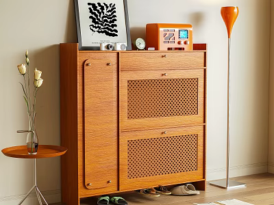 Cozy Wooden Shoe Cabinet With Lattice Doors Decorative Items And Shoes Inside 3d model
