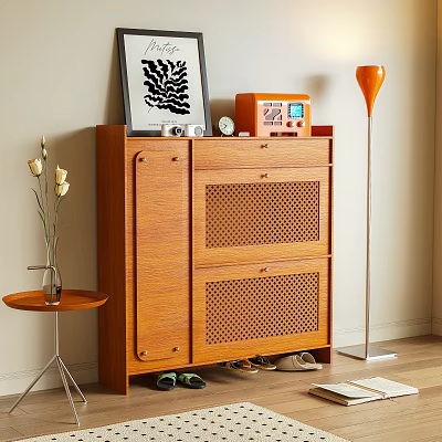 Cozy Wooden Shoe Cabinet With Lattice Doors Decorative Items And Shoes Inside 3d model
