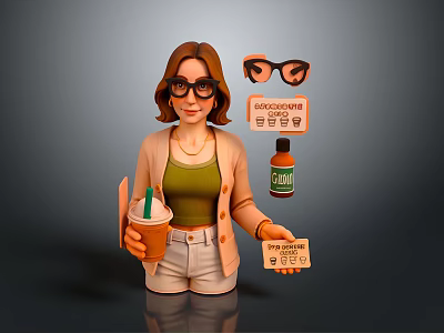 Fashionable Figure Wearing Glasses Holding Drink Cup Social Media Sign Vitamin Bottle And Card 3d model