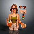 Fashionable Figure Wearing Glasses Holding Drink Cup Social Media Sign Vitamin Bottle And Card