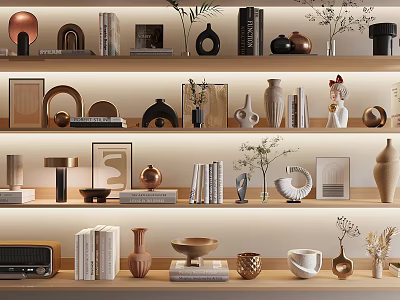 Modern Decorative Ornament Set With Vases Sculptures Photo Frames Books And Potted Plants On Shelves 3d model