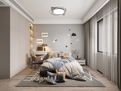 Modern Kids Bedroom Interior With Rocket Cloud Wall Decor And Study Nook 3d model