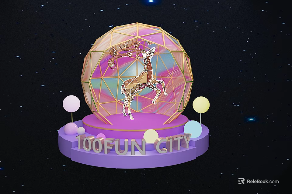100FUN CITY Spherical Display Featuring Deer Inside Purple Base With Starry Background And Colorful Spheres 3d model 