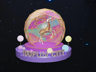 100FUN CITY Spherical Display Featuring Deer Inside Purple Base With Starry Background And Colorful Spheres 3d model
