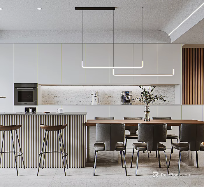 Contemporary Restaurant Interior With Wooden Dining Table And Pendant Lights 3d model