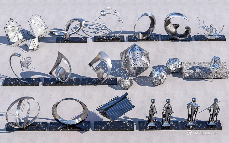 Various Metal Sculptures with Geometric Shapes and Human Forms on Black Slate Bases 3d model 