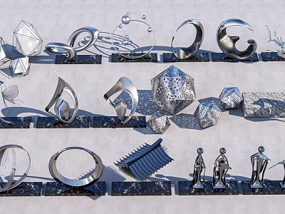 Various Metal Sculptures with Geometric Shapes and Human Forms on Black Slate Bases 3d model